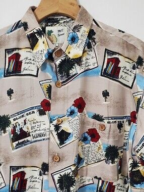 M.E.Sport Vintage Hawaiian Postcard Print Short Sleeve Button Up Shirt Large